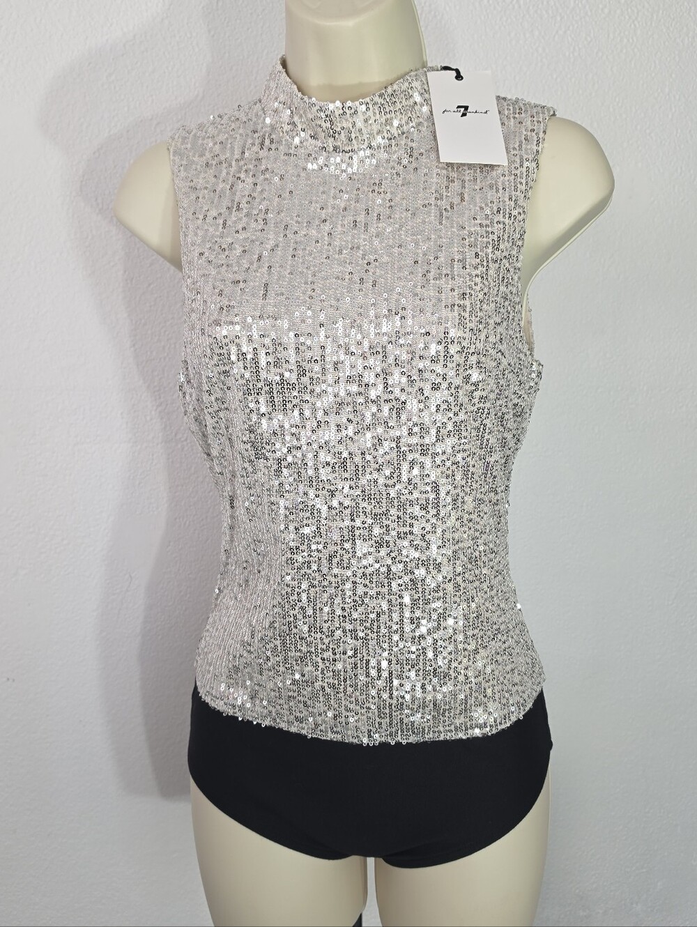 7 for all mankind Sleeveless Sequin Tank Style Mock Neck Bodysuit Silver Size M - Picture 4 of 17